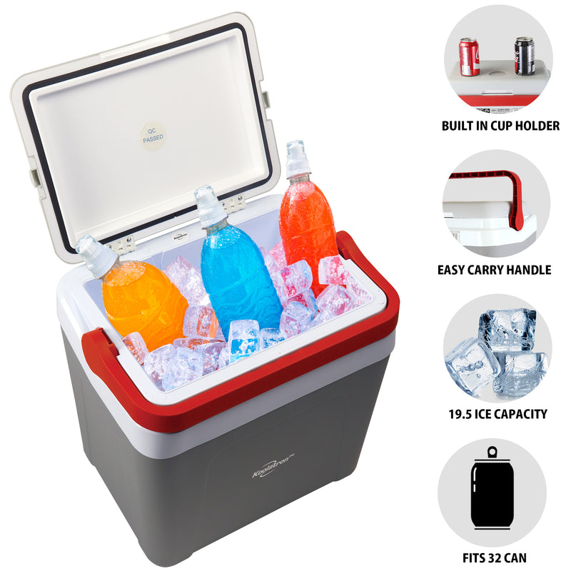 Product shot of Koolatron 25 liter ice chest, open and filled with ice and three bottles of brightly-colored juice inside. Inset closeups, labeled, show features: Built-in cup holder; easy carry handle; 19.5 ice capacity; fits 32 can