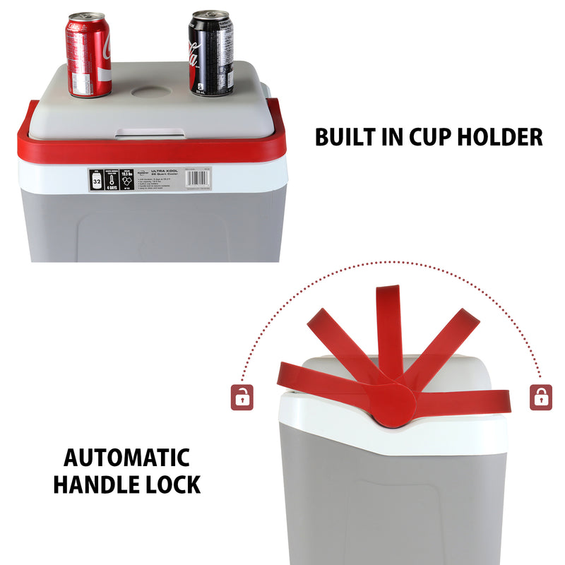 Top image is a closeup product shot of the top half of the cooler with soda cans in two of the cup holders on the lid with text to the right reading, "Built in cup holder." Bottom image is a product shot from the side showing the handle moving from locked to unlocked position with text to the left reading, "Automatic handle lock"