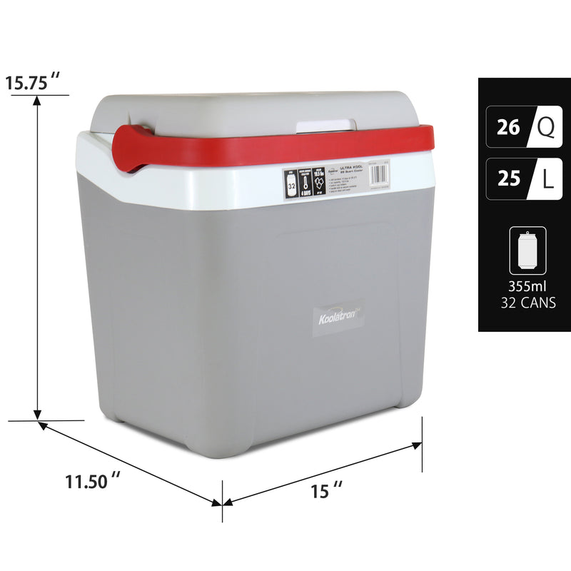Product shot of Koolatron 25L ice chest cooler on a white background with dimensions labeled; inset text and icons describe capacity: 26 qt; 25L; 32 x 355 mL cans