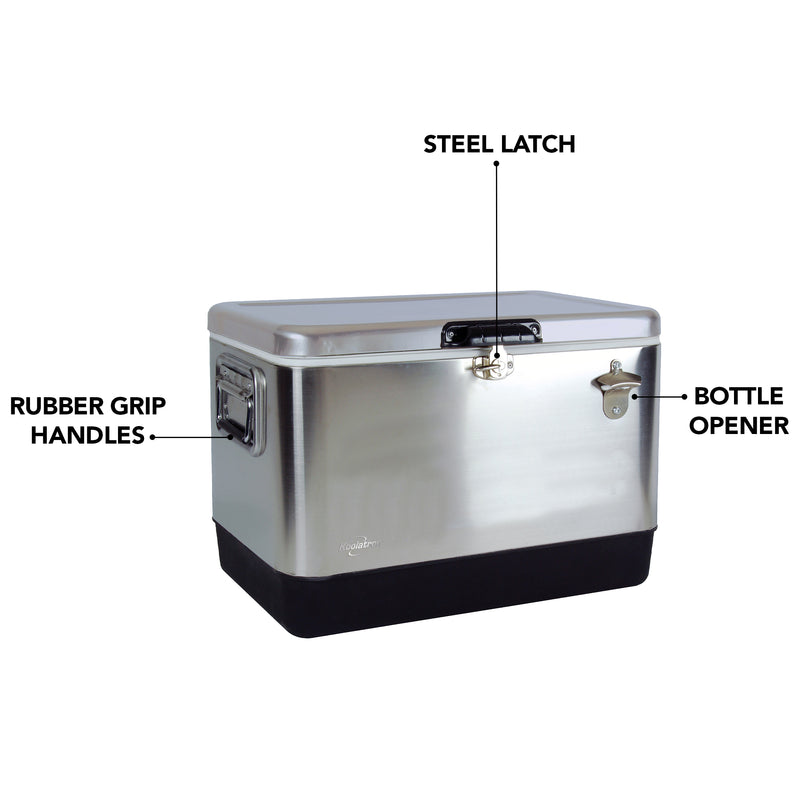 Product shot of Koolatron stainless steel 54 quart ice chest with bottle opener, closed, on a white background, with parts labeled: Steel latch; rubber grip handles; bottle opener