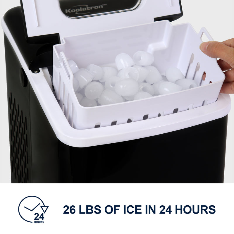 Koolatron KIM26-B Ice Makers Countertop, Portable Ice Maker, 26lbs/24Hrs 9 Bullet Ice Cubes Ready in 7 Mins, Self-Cleaning Function, L&S Size, with Ice Scoop and Basket, Perfect for Party, Black