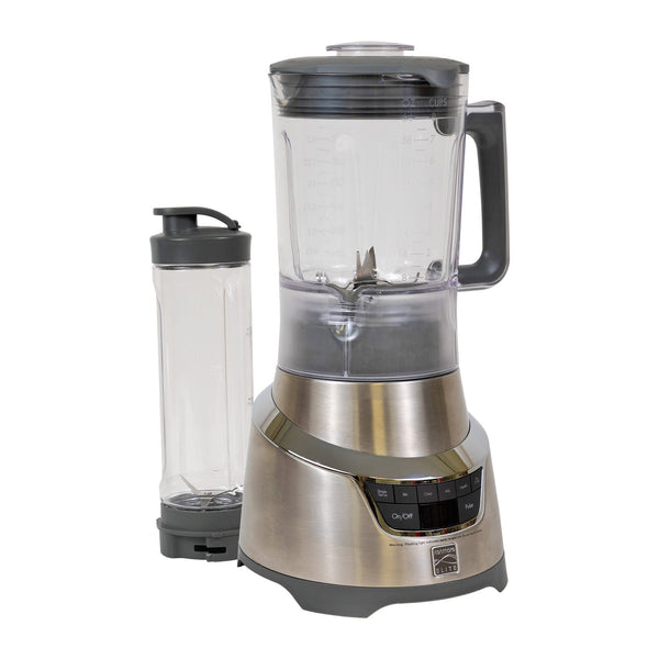 Product shot of Elite 1.3 horsepower blender and travel blending cup on a white background