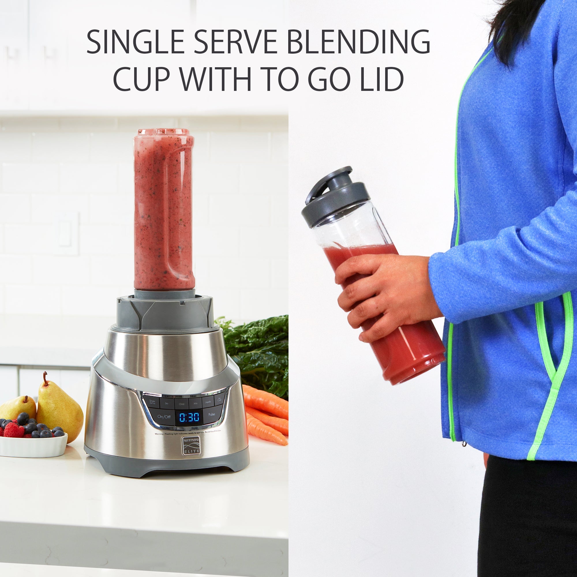 Kenmore Elite blender with single-serve travel cup filled with a pink-orange smoothie on blender on the left and a person wearing a blue jacket and black pants holding the to-go cup with lid on the right. Text above reads "20 oz blend & drink cup with travel lid included"