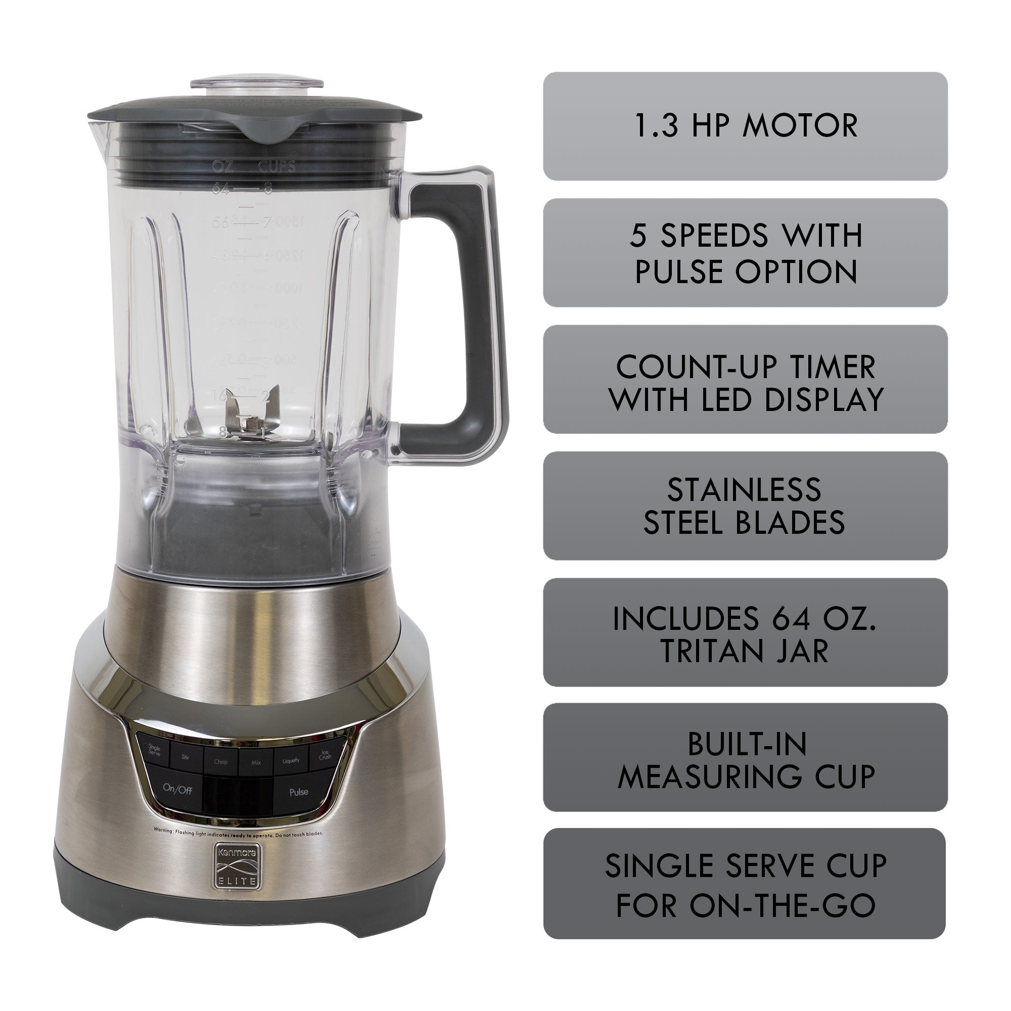 Kenmore Elite 1.3 HP blender with empty pitcher with a list of features to the right: Powerful 1.3 HP motor; 5 programmed blending modes; pulse & ice crush options; count-up timer with LED display; 64 oz Tritan jar with volume markings; heavy-duty stainless steel blades; single-serve cup for on-the-go