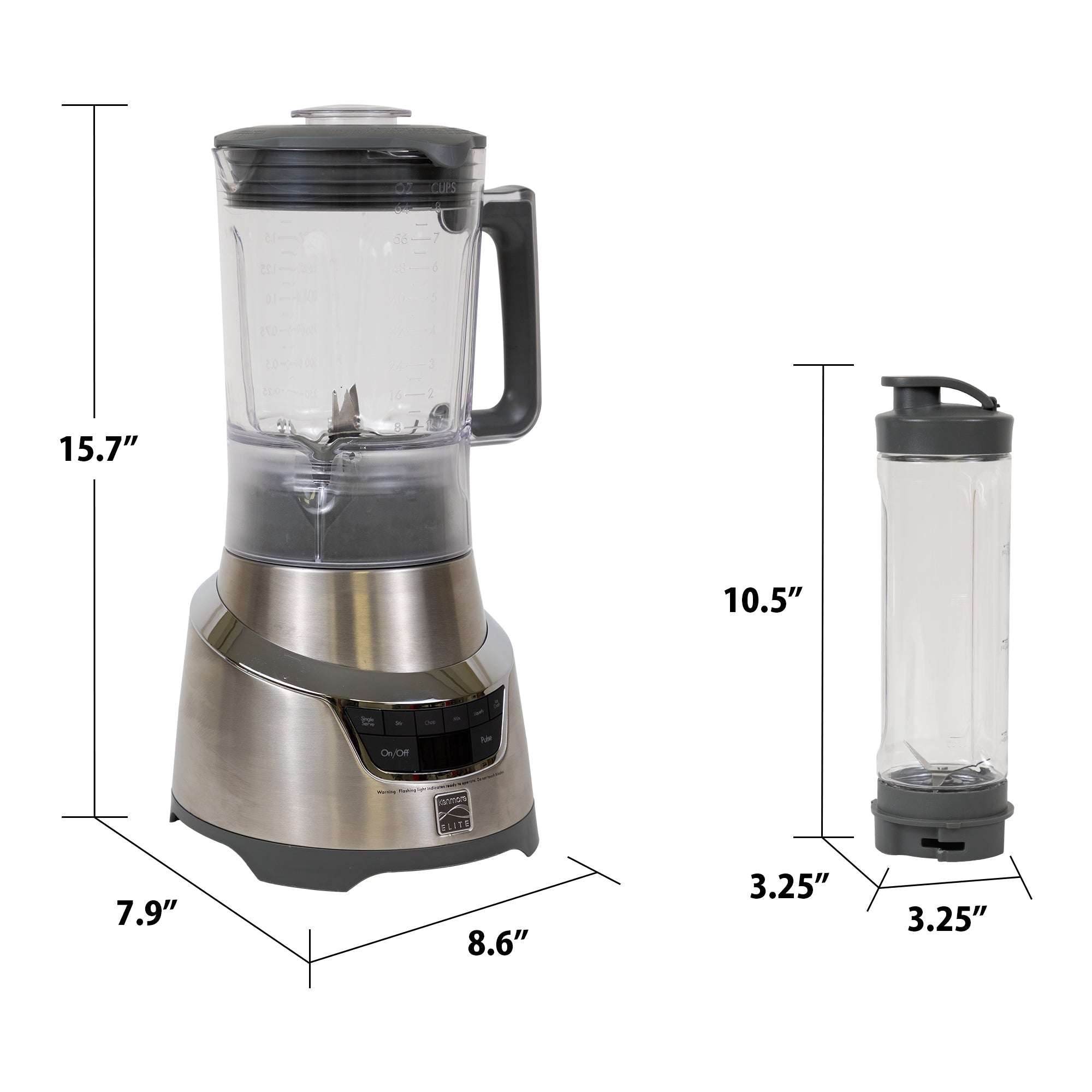 Kenmore Elite 1.3 HP blender and travel blending cup on white background with dimensions