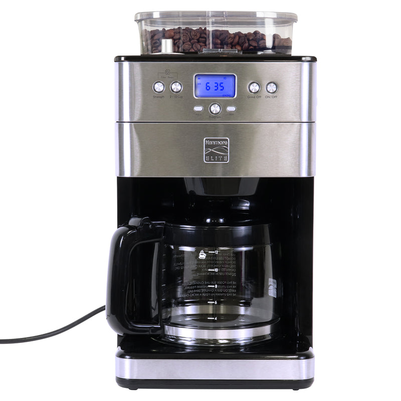 Product shot of Kenmore grind and brew coffee maker with whole coffee beans in the hopper on a white background
