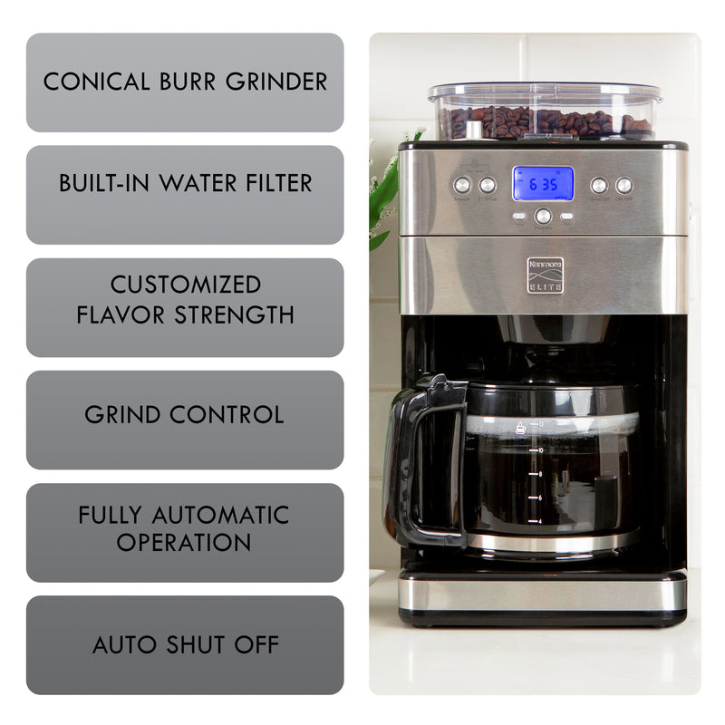 Lifestyle image of Kenmore grind and brew coffee maker on a white counter in front of a white tile backsplash on the right with features listed to the left: Conical burr grinder; built-in water filter; customized flavor strength; grind control; fully automatic operation; auto shut off