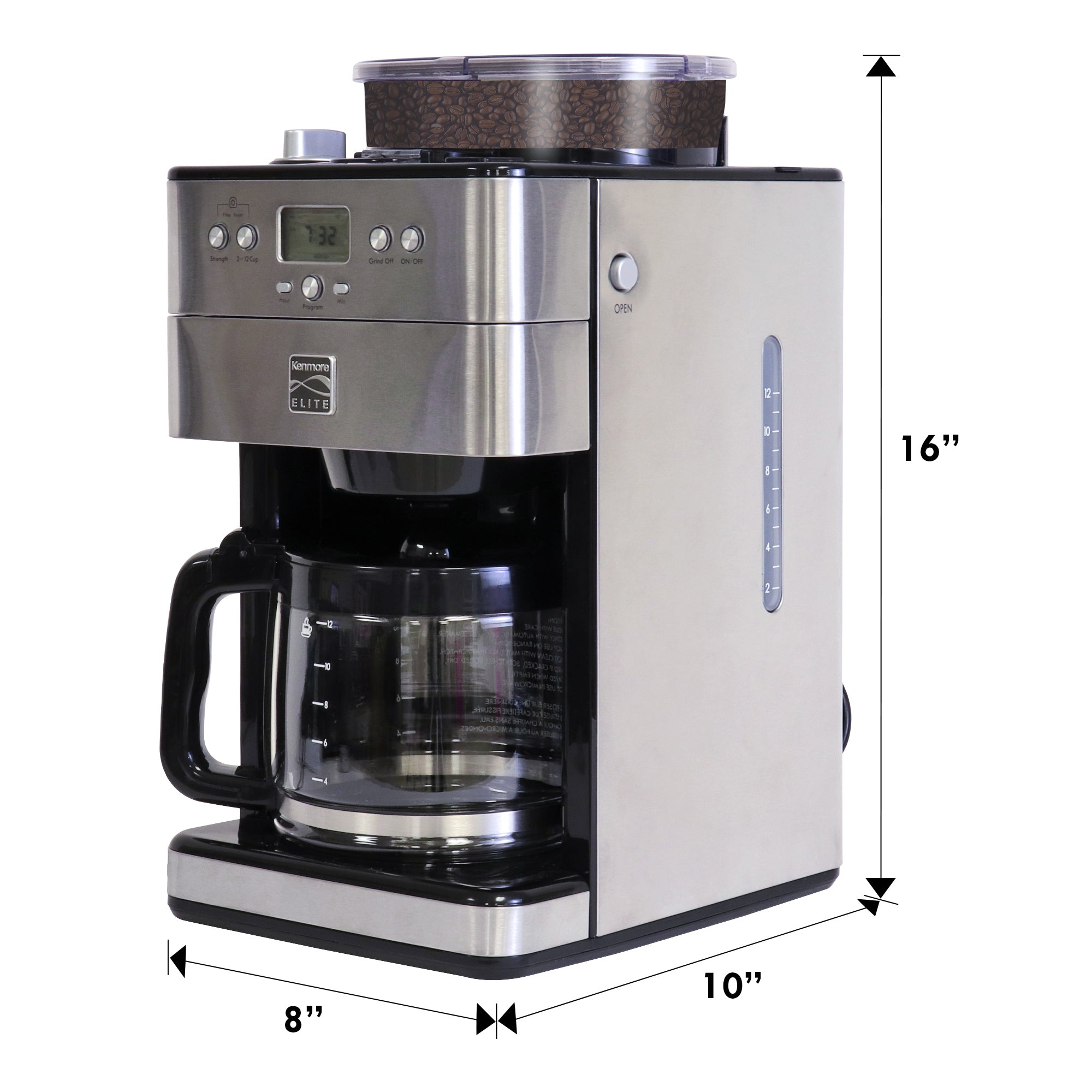 Kenmore grind and brew coffee maker on a white background with dimensions labeled