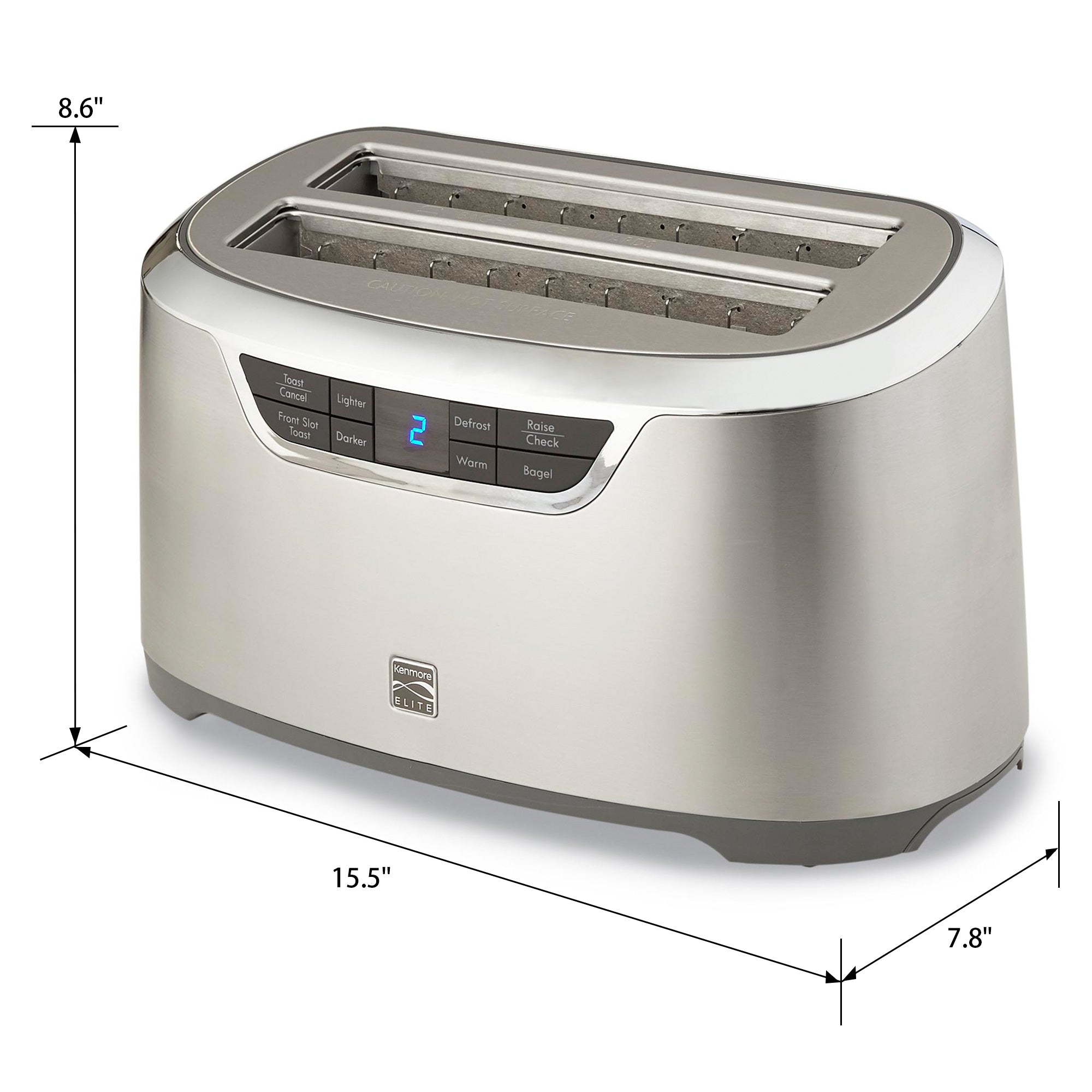 Product shot of Kenmore Elite long slot stainless steel toaster on a white background with dimensions labeled