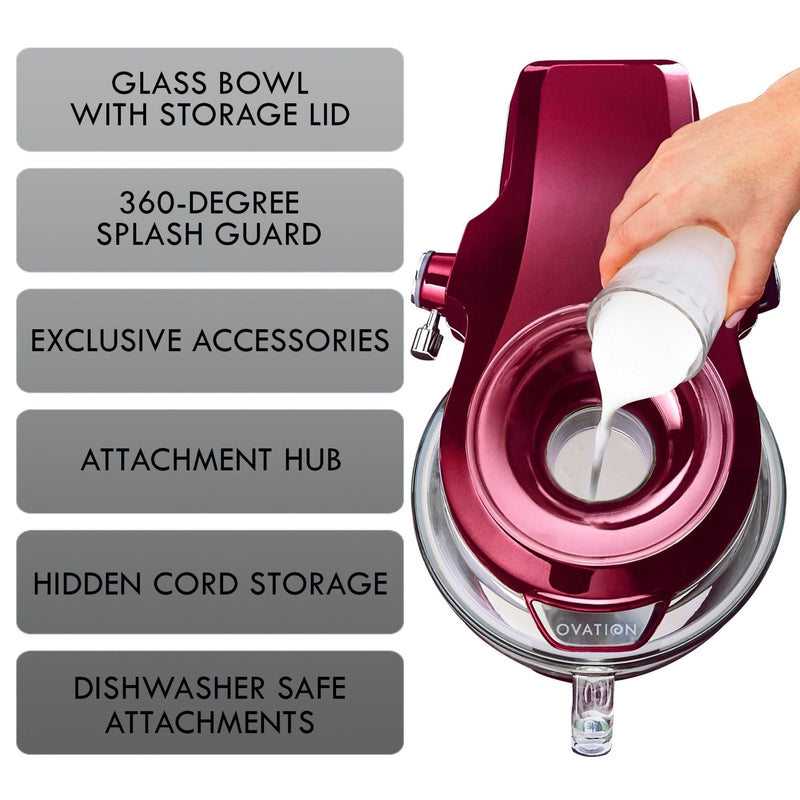 On the right is a product shot of the red mixer from above with hand pouring milk through pour-in top. On the left is a list of features on grey backgrounds Glass bowl with storage lid; 360-degree splash guard; exclusive accessories; attachment hub; hidden cord storage; dishwasher-safe accessories