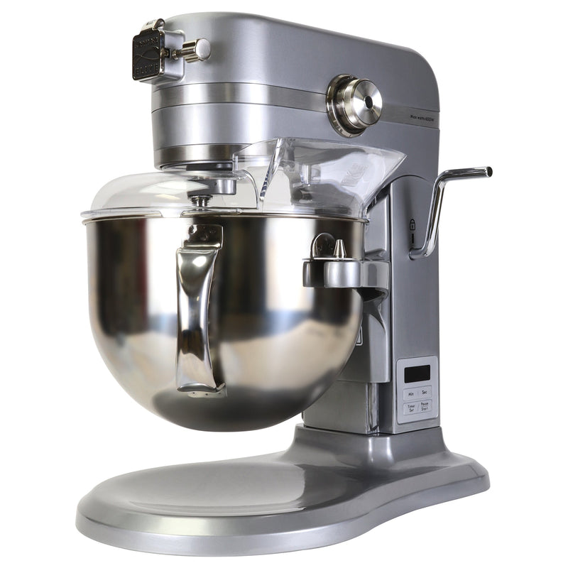 Product shot of silver bowl lift mixer on a white background