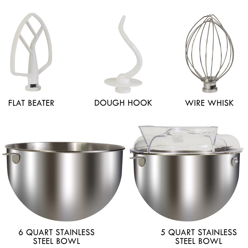 Product shots of mixer accessories, labeled, from top left: Flat beater; dough hook; wire whisk; 6 quart stainless steel bowl; 5 quart stainless steel bowl
