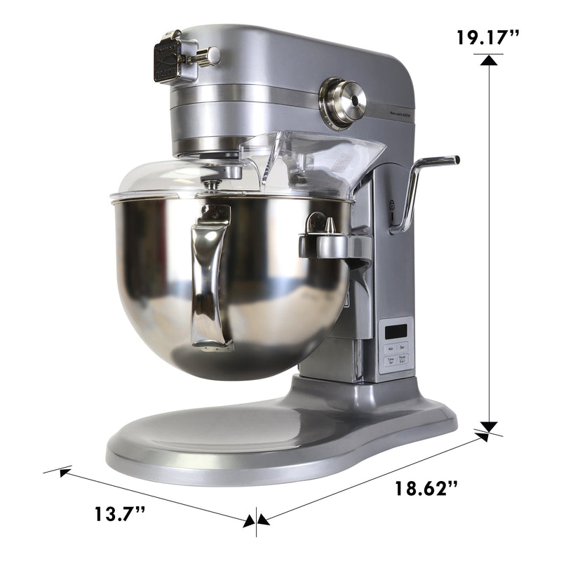 Product shot of silver bowl lift mixer on white background with dimensions