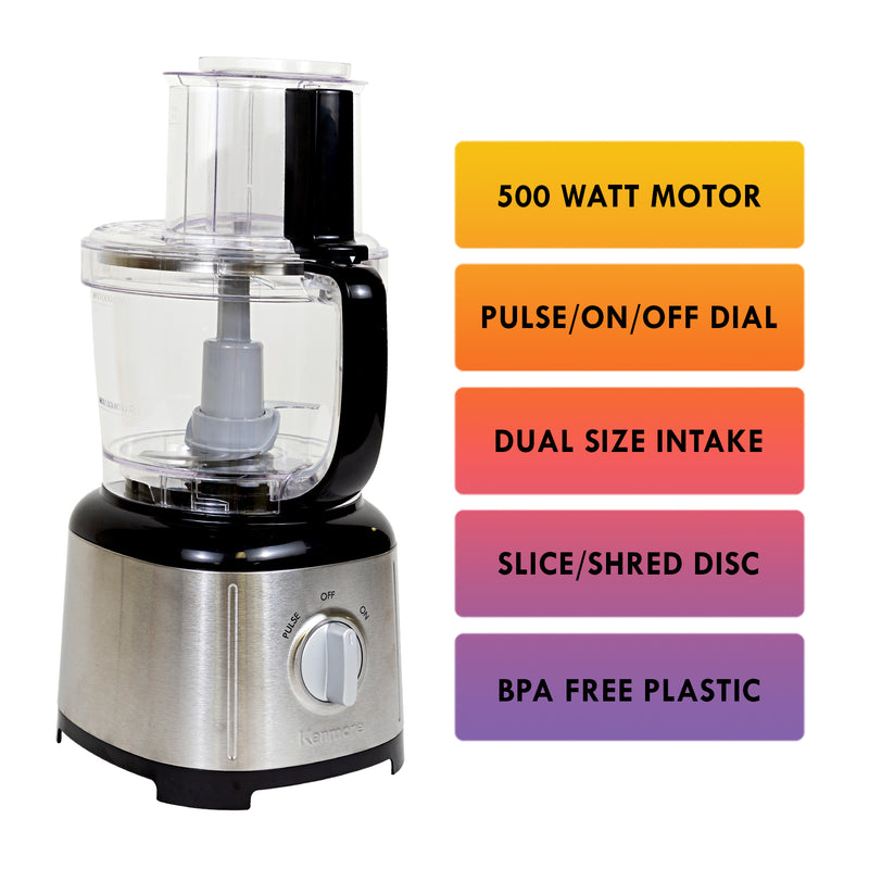 Front view of Kenmore 11 cup food processor and vegetable chopper on a white background on the left with a list of features to the right: 500 watt motor; pulse/on/off dial; dual size intake; slice/shred disc; BPA free plastic