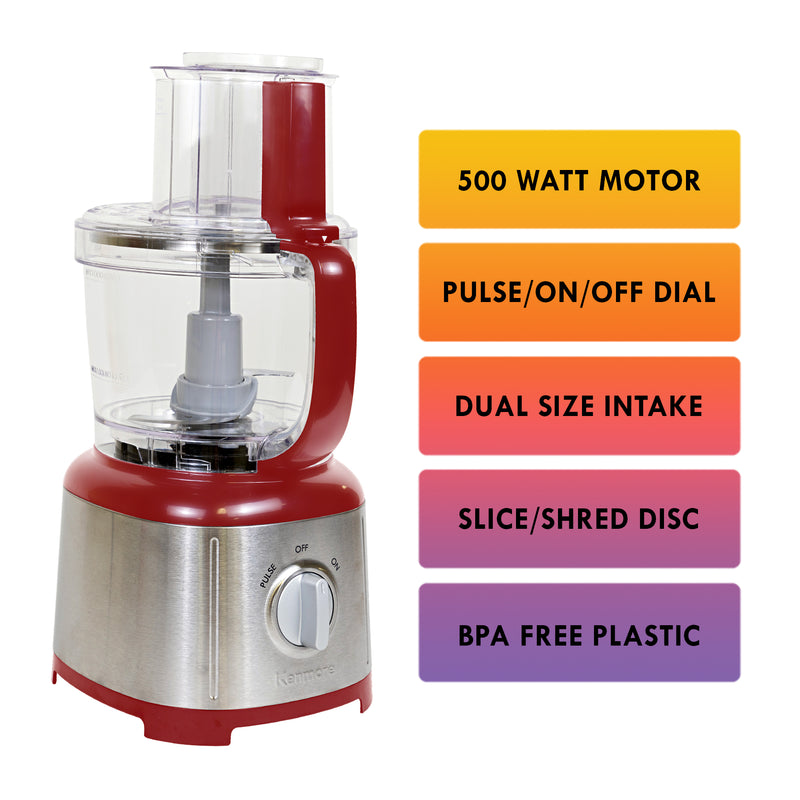 Front view of Kenmore 11 cup food processor and vegetable chopper on a white background on the left with a list of features to the right: 500 watt motor; pulse/on/off dial; dual size intake; slice/shred disc; BPA free plastic