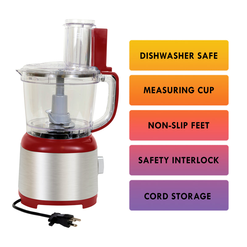 Rear view of Kenmore 11 cup food processor and vegetable chopper with power cord visible on a white background on the left with a list of features to the right: Dishwasher-safe; measuring cup; non-slip feet; safety interlock; cord storage