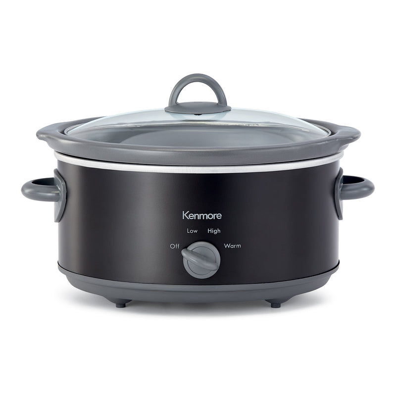 Product shot of Kenmore 5 quart black slow cooker on a white background