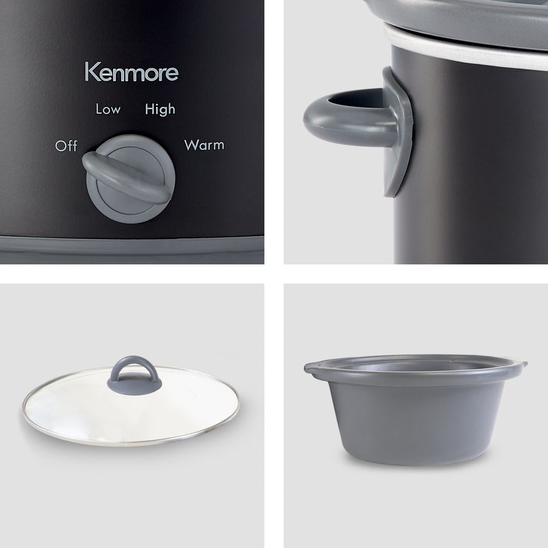 Four closeup images of parts of the Kenmore 5 quart black slow cooker: control dial; cool-touch handle; glass lid; ceramic insert