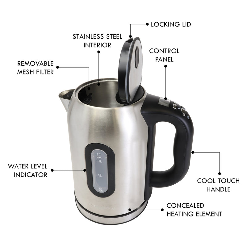 Product shot of Kenmore 1.7 L programmable tea kettle, open, on a white background with parts and accessories labeled: Removable mesh filter; stainless steel interior; locking lid; control panel; cool touch handle; concealed heating element; water level indicator