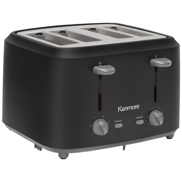 Product shot of Kenmore OPP 4-slice matte black toaster on a white background