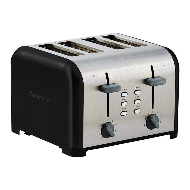 Product shot of Kenmore 4-slice black stainless steel toaster on a white background