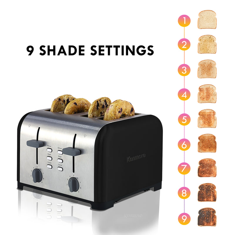 Product shot of Kenmore 4-slice black stainless steel toaster with four bagel halves inside on a white background on the left with toast slices numbered 1-9 arranged vertically from lightest to darkest. Text above reads, "9 shade settings"