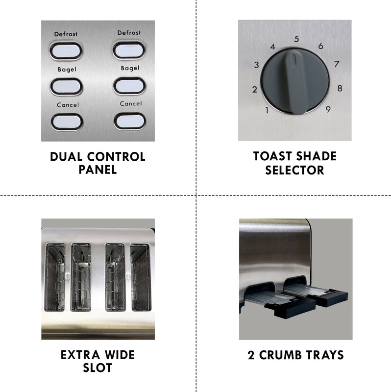 Four closeup images of parts and features, labeled: Dual control panel; toast shade selector; extra wide slots; 2 crumb trays