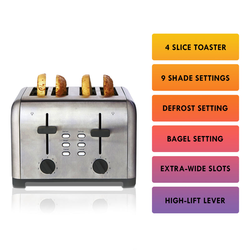 Product shot of Kenmore 4-slice stainless steel toaster with four bagel halves inside on a white background on the left with a list of features on the right: 4 slice toaster; 9 shade settings; defrost setting; bagel setting; extra-wide slots; high-lift lever