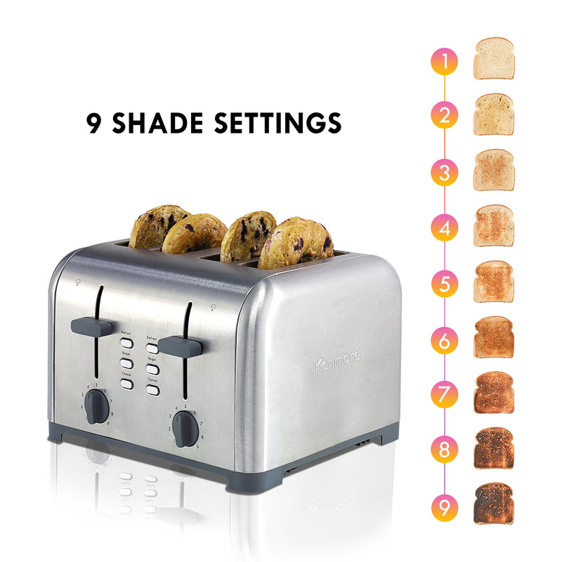 Product shot of Kenmore 4-slice stainless steel toaster with four bagel halves inside on a white background on the left with toast slices numbered 1-9 arranged vertically from lightest to darkest. Text above reads, "9 shade settings"