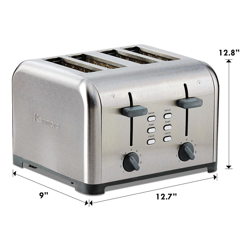 Product shot of Kenmore 4-slice stainless steel toaster on a white background with dimensions labeled