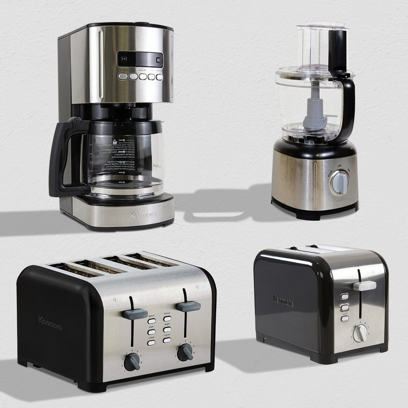 Four product shots on light gray background show matching Kenmore small appliances: 12-Cup Programmable Coffee Maker; 11-Cup Food Processor; 4-Slice Toaster with Dual Controls; 2-Slice Toaster