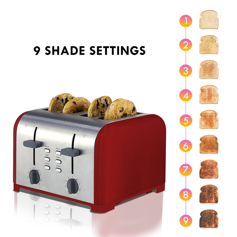 Product shot of Kenmore 4-slice red stainless steel toaster with four bagel halves inside on a white background on the left with toast slices numbered 1-9 arranged vertically from lightest to darkest. Text above reads, "9 shade settings"