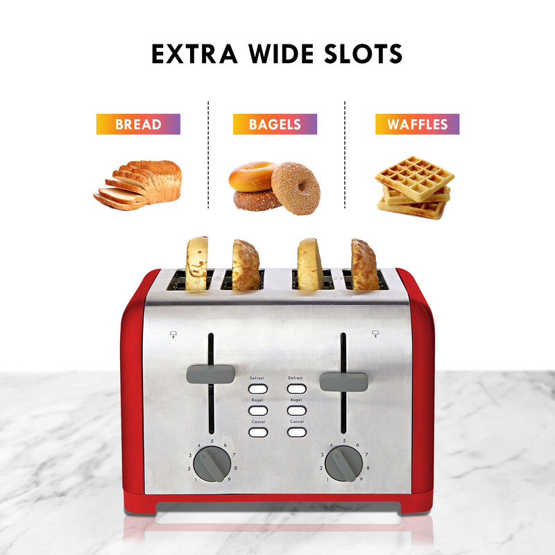Product shot of Kenmore 4-slice red stainless steel toaster with four bagel halves inside on a white marbled countertop with a white background. Above are small pictures of a loaf of bread, a stack of bagels, and a stack of waffles, labeled. Text at the top reads, "Extra wide slots"
