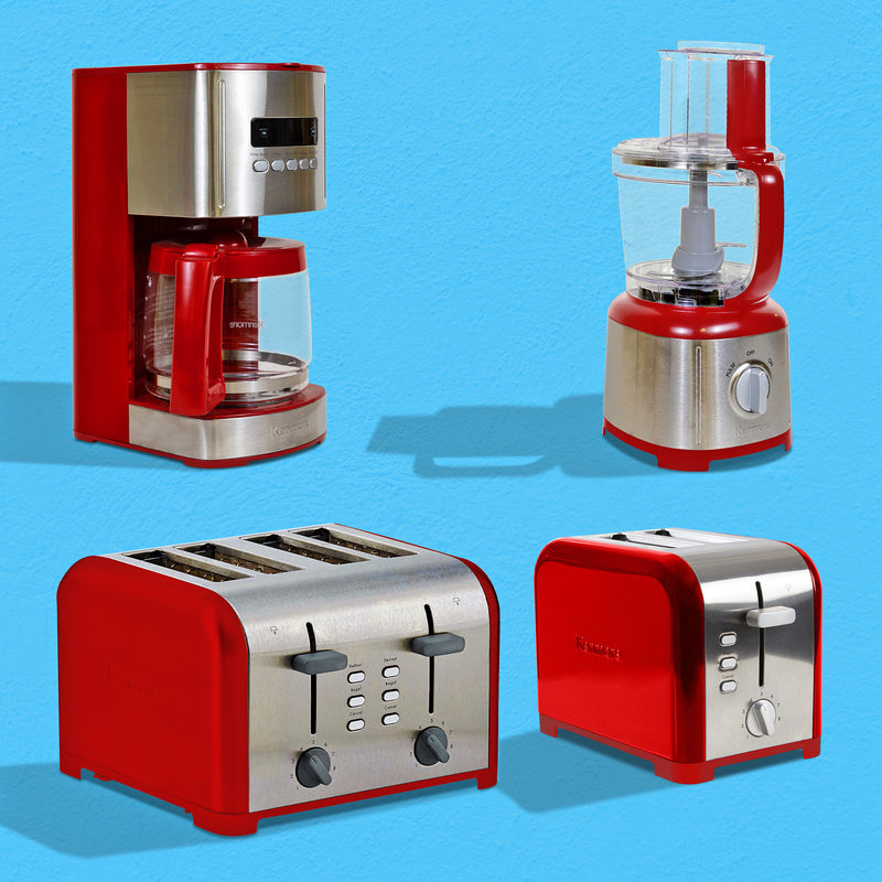 Four product shots on a bright turquoise background show matching Kenmore small appliances: 12-Cup Programmable Coffee Maker; 11-Cup Food Processor; 4-Slice Toaster with Dual Controls; 2-Slice Toaster