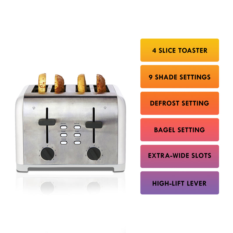 Product shot of Kenmore 4-slice white stainless steel toaster with four bagel halves inside on a white background on the left with a list of features on the right: 4 slice toaster; 9 shade settings; defrost setting; bagel setting; extra-wide slots; high-lift lever
