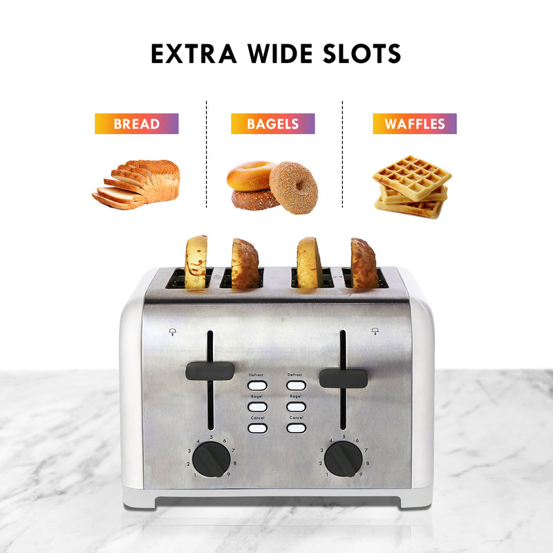Product shot of Kenmore 4-slice white stainless steel toaster with four bagel halves inside on a white marbled countertop with a white background. Above are small pictures of a loaf of bread, a stack of bagels, and a stack of waffles, labeled. Text at the top reads, "Extra wide slots"