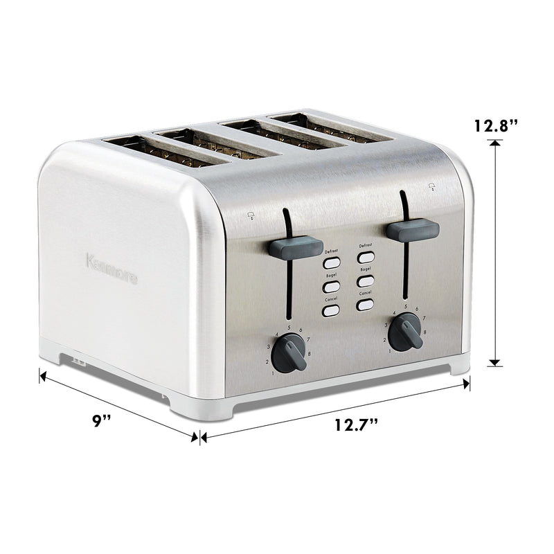 Product shot of Kenmore 4-slice white stainless steel toaster on a white background with dimensions labeled
