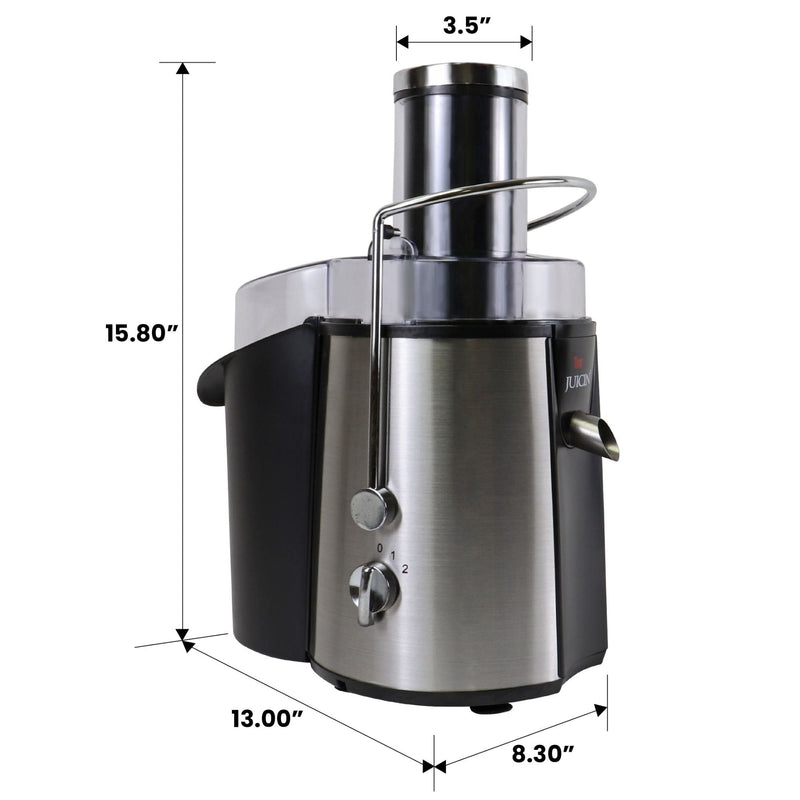 Product shot of juicer on white background with dimensions