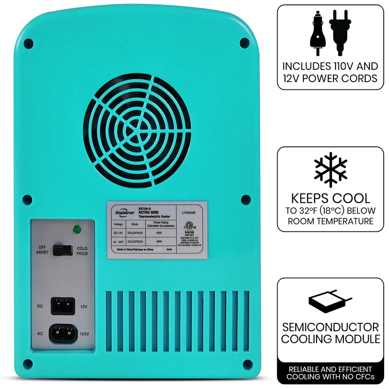 Product shot of the back of the Kooaltron retro 4L 12V cooler on a white background with power switch and plug sockets visible. Text and icons to the right describe: Includes 110V and 12V power cords; Keeps cool to 32F (18C) below room temperature; semiconductor cooling module - reliable and efficient cooling with no CFCs