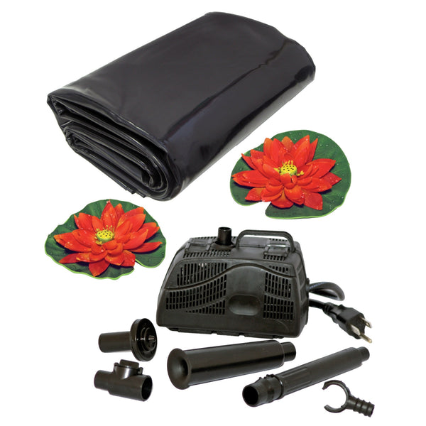 Product shot of items in 84 gal starter pond kit, including folded pond liner, two decorative orange water lilies, and 200 GPH pump, on a white background