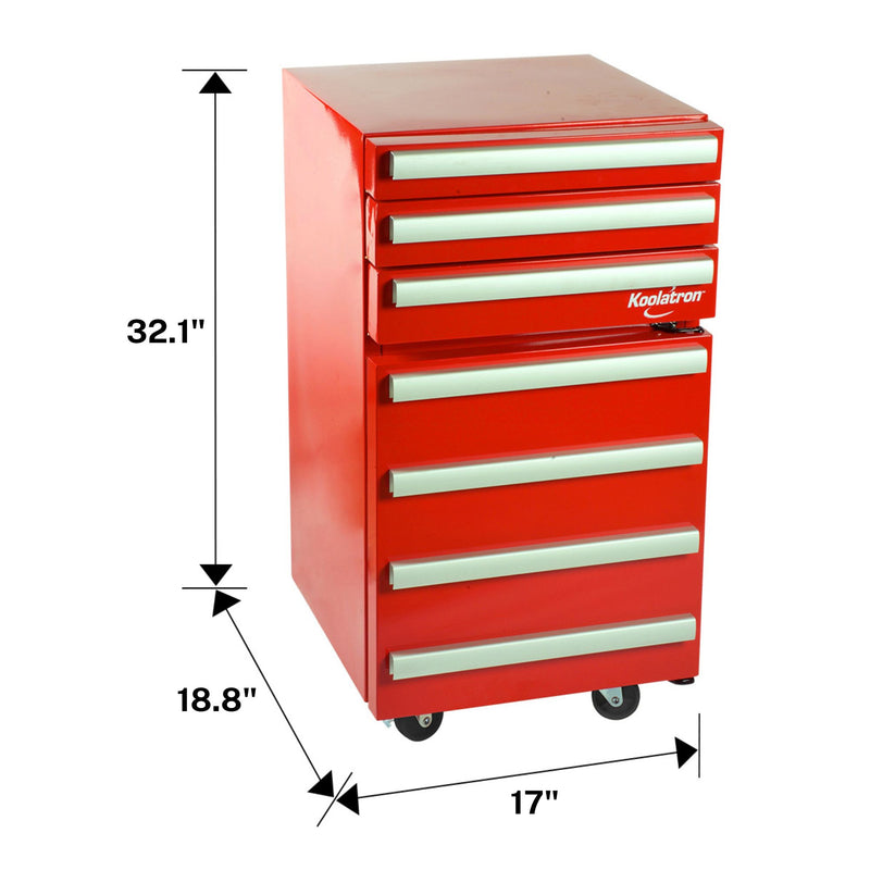 Product shot of Koolatron toolchest fridge on a white background with dimensions labeled