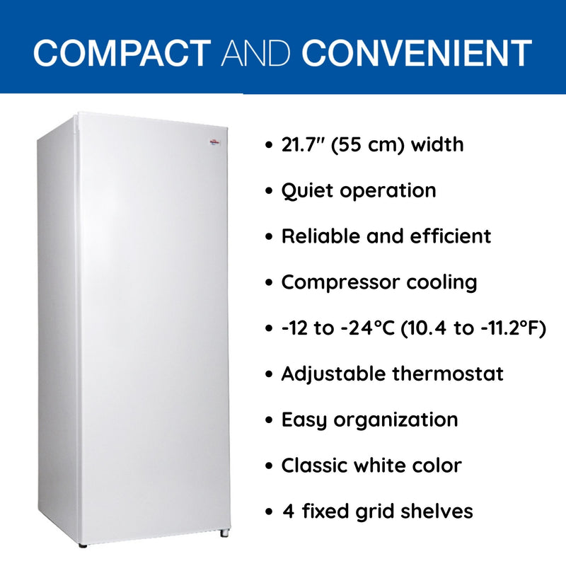 Product shot of closed upright freezer on a white background. Text above reads, "Compact and convenient," and a list of bullet points to the right reads: 21.7" (55 cm) width; Quiet operation; Reliable and efficient; Compressor cooling; -12 to -24C (10.4 to -11.2F); Adjustable thermostat; Easy organization; classic white color; 4 fixed grid shelves