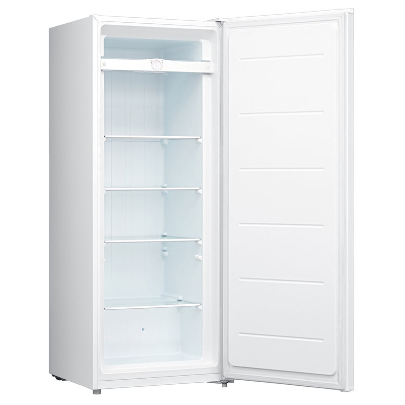 Product shot of white upright freezer open on a white background