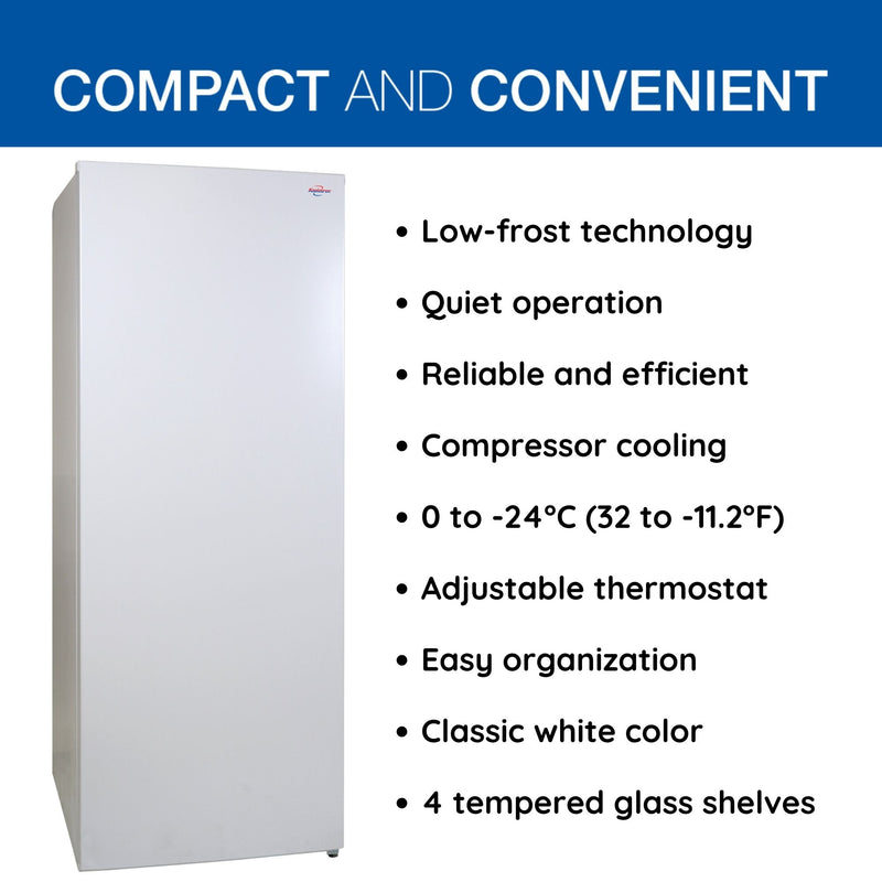 Product shot of closed upright freezer on a white background. Text above reads, "Compact and convenient," and a list of bullet points to the right reads: Low-frost technology; Quiet operation; Reliable and efficient; Compressor cooling; -0 to -24C (32 to -11.2F); Adjustable thermostat; Easy organization; classic white color; 4 tempered glass shelves