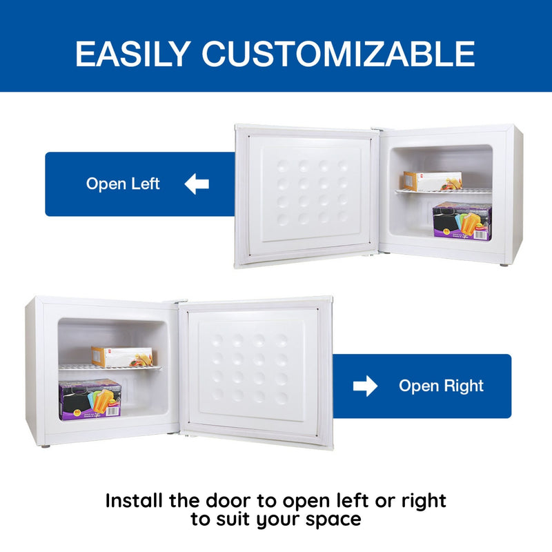 Two product shots of mini upright freezer, open and filled with food, showing door installed left- and right-opening. Text above reads, "Easily customizable," and text below reads, "Install the door to open left or right to suit your space"
