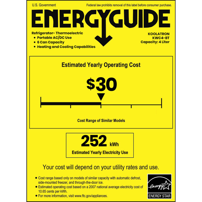 Energy Guide certificate for KWC-BT4 liter mini fridge plus speaker showing estimated yearly operating cost of $30 and estimated yearly energy consumption of 252 kWh