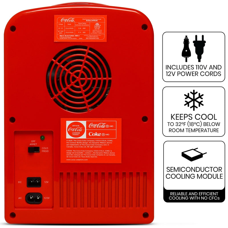 Product shot of the back of the Coca-Cola Classic Bottle 4L 12V cooler on a white background with power switch and plug sockets visible. Text and icons to the right describe: Includes 110V and 12V power cords; Keeps cool to 32F (18C) below room temperature; semiconductor cooling module - reliable and efficient cooling with no CFCs