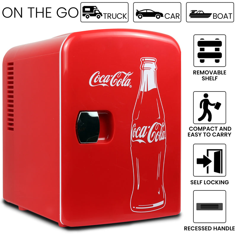 Product shot of Coca-Cola Classic Bottle 6 can mini fridge on a white background. Text and icons above describe: On the go - truck car boat. Text and icons to the right describe: Removable shelf; compact and easy to carry; self-locking; recessed handle