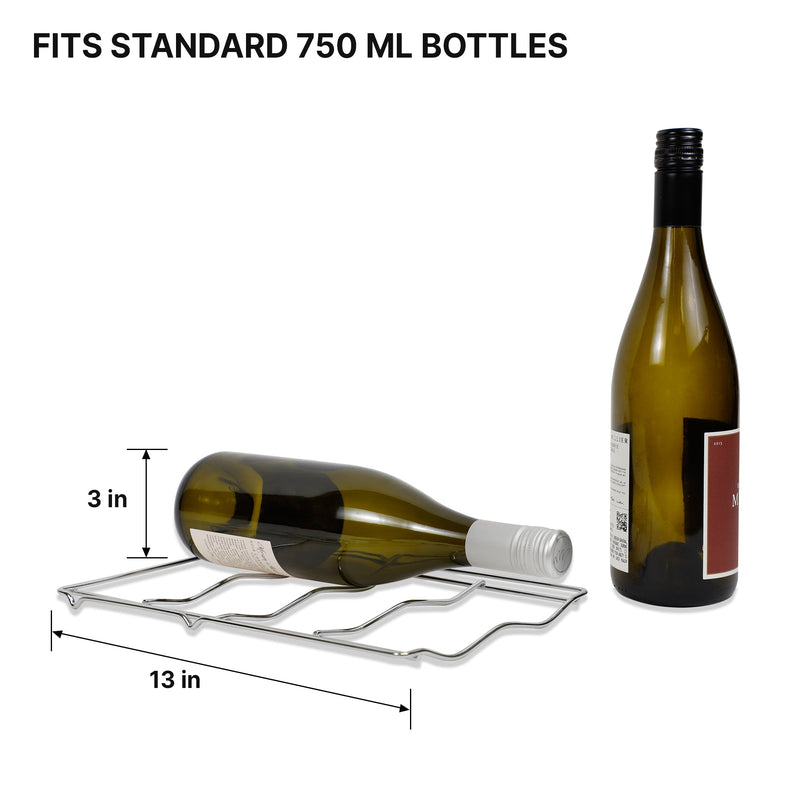 Removable wire rack from Koolatron 10 bottle wine chiller with dimensions listed and one wine bottle lying on it and one standing up beside it. Text above reads "Fits standard 750 mL bottles"