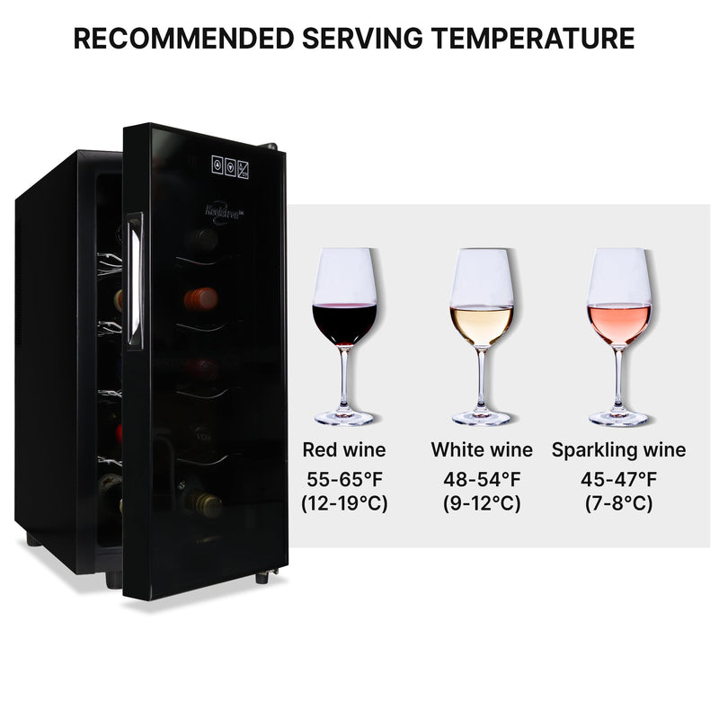 Koolatron 10 bottle single zone wine fridge, open, with pictures of three wine glasses to the right containing red, white, and rose wines; Text above reads "Recommended serving temperature" and text below each glass describes the ideal temperature